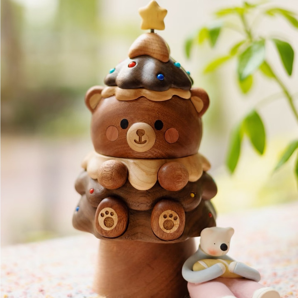 Charming Wooden Bear Stacking Toy - music box